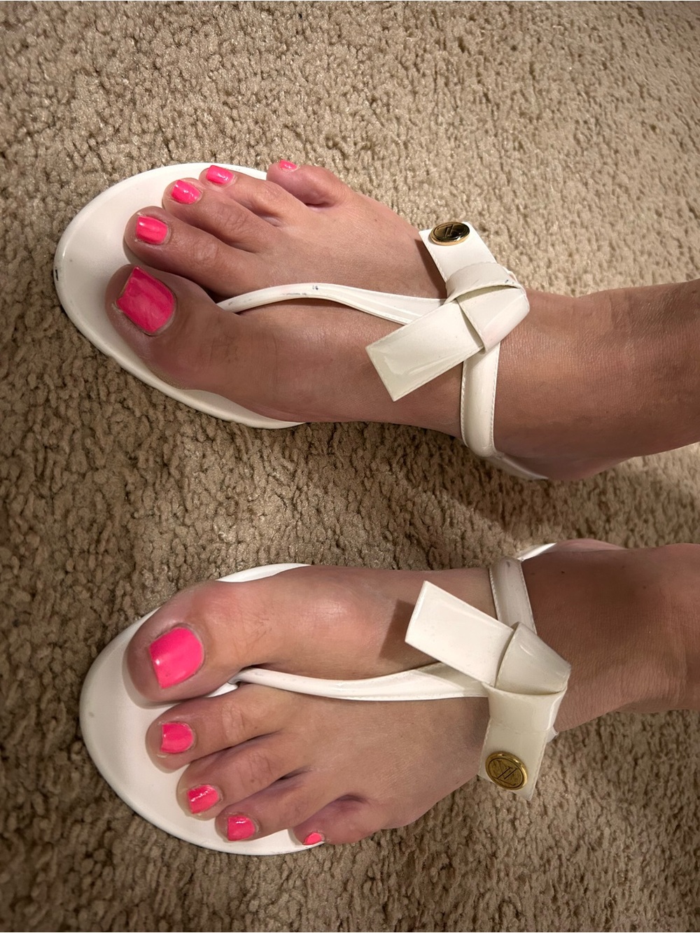 Louis Vuitton White Bow Thong Sandals with Gold Accent